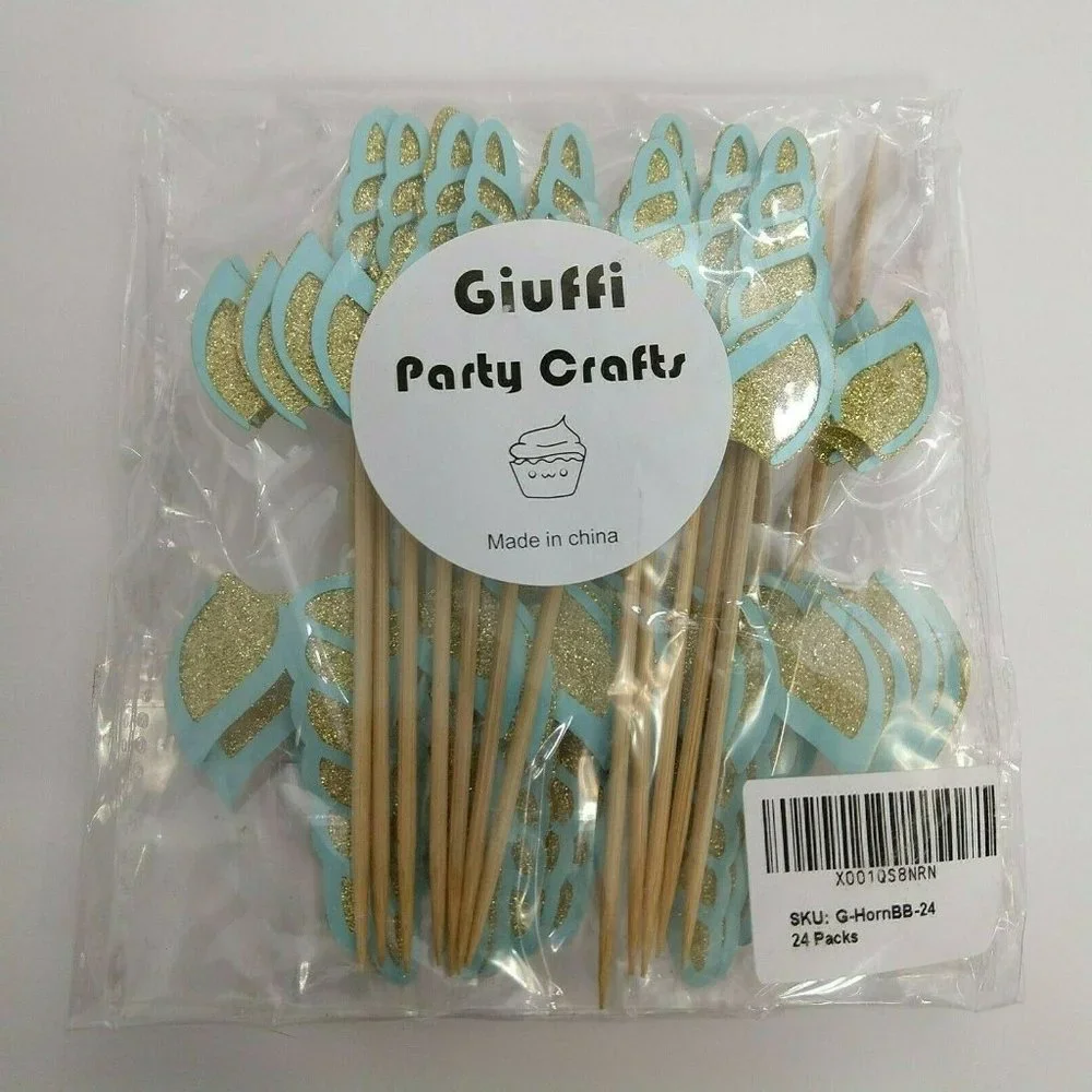 Unicorn Cupcake Party Pics Gold Glitter And Aqua 24 per Pack